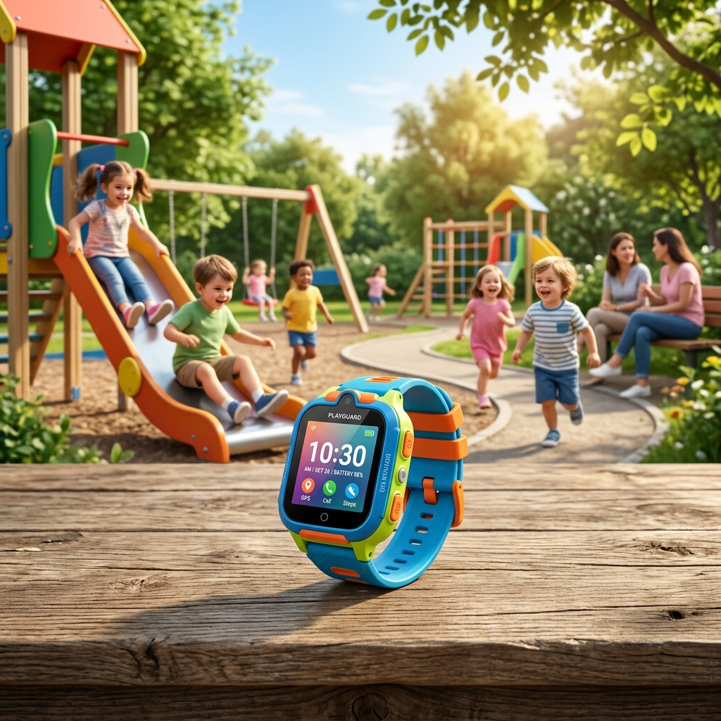 Editorial illustration of a child wearing a smartwatch — AI-generated